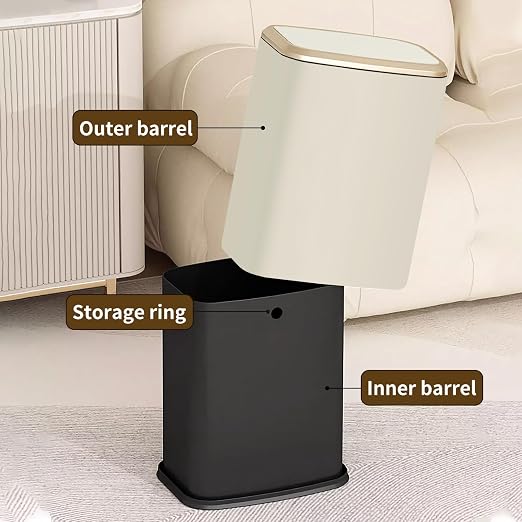 2 Gallon Small Office Bathroom Trash Can with Swing Lid,Living Room Bedroom Garbage can Wastebasket bin,Inner Bucket,Metal Decor Trash Can (Cream White)