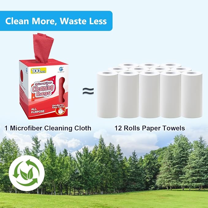 GLIMGLINT Microfiber Cleaning Cloth 100 Pack, Reusable Paper Towels 11 x 9 | Lint Free & Ultra Absorbent Cleaning Rags for Car, Home, Kitchen, Glass & Screen, Washable Shop Towel Rag with Box Red