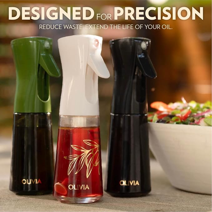 FLAIROSOL OLIVIA SIGNATURE Oil Sprayer, 200ml Glass, Golden Leaves | Portion control mist for air fryer, salad, BBQ, refillable & reusable, fine mist olive oil kitchen sprayer, anti-drip