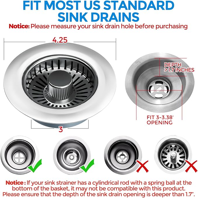 zaa Kitchen Sink Drain Strainer - Kitchen Sink Stopper, 304 Stainless Steel Sink Drain Stopper, Sink Protector for Kitchen with Anti-Clog Filter, Fit US Standard 3-1/2'' Sink Drain Hole, Gray | Kitchen Sink Accessories 1 Pack Brushed Grey Stainless - F...