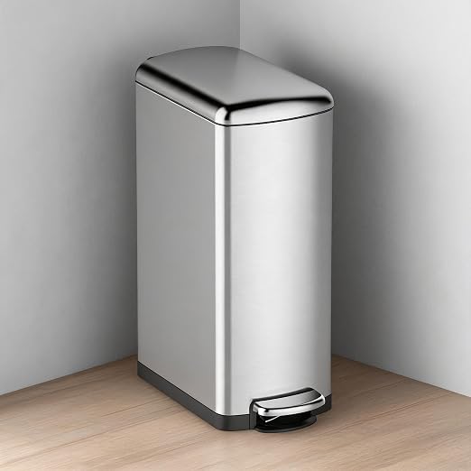 8Gal/30L Slim Kitchen Trash Can, Skinny Stainless Steel Garbage Can with Removable Inner Bucket & Soft Close Lid, Narrow Trash Bin for Bathroom Living Room Office, Silver
