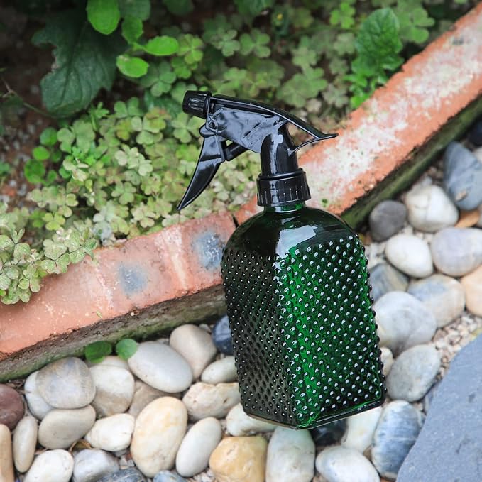 OFFIDIX Fine Mist Plant Mister Adjustable Nozzle Green Spray Bottle 13.5 oz | Glass Misters Bottle Handheld Pressure Watering Can 400ml Empty Vintage Water Mister for Indoor Outdoor Garden Pet Cleaning