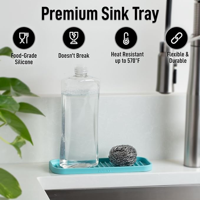 Zulay Kitchen (9x3.5) Silicone Sponge Holder for Kitchen Sink - Flexible Multipurpose Soap Tray Sponge Holder - Sink Organizer Tray for, Bathroom, Makeup, Trinkets & More (Aqua Sky)