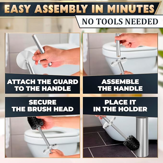 2Pcs Stainless Steel Toilet Brush and Holder Set, Hand Guard (Silver) | Toilet Bowl Brush and Holder, Removable Inner Bowl, Dense Bristles, Long Handle, Scratch Resistant, for Modern Bathrooms