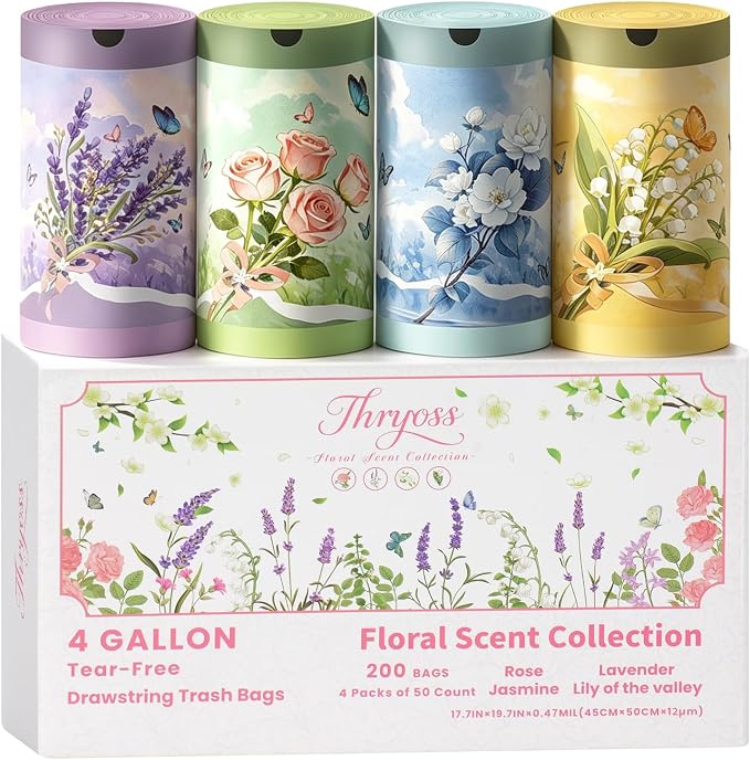 Floral Scent Collection Garbage Bags(Lavender,Jasmine,Rose,Lily of the valley) Trash Bags 4 gallon Drawstring For Bathroom,Office,Bedroom,Car,Flower Printing,Pack of 4(200 Counts)