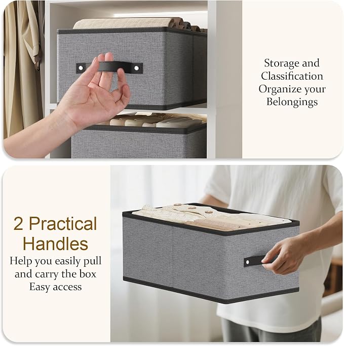 Fabric Closet Storage Boxes,18.5×11×7.9In,Gray Bins,4Pack | Storage Baskets with Handles,Collapsible Clothing Bins,Fabric Drawers,Closet Organizer for Shelves Wardrobe Bedroom