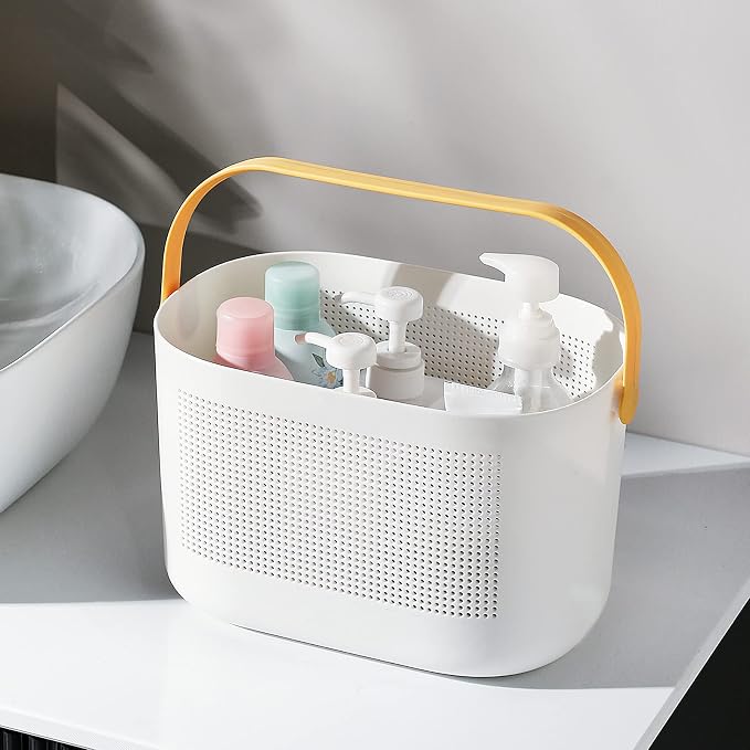 Plastic Portable Shower Caddy Basket, Storage Organizer with Handle, Yellow | Bottom Drain Holes, Keep Dry, Sturdy and Durable, Easy to Carry for Bathroom, Kitchen, Dorm Room, RV, College