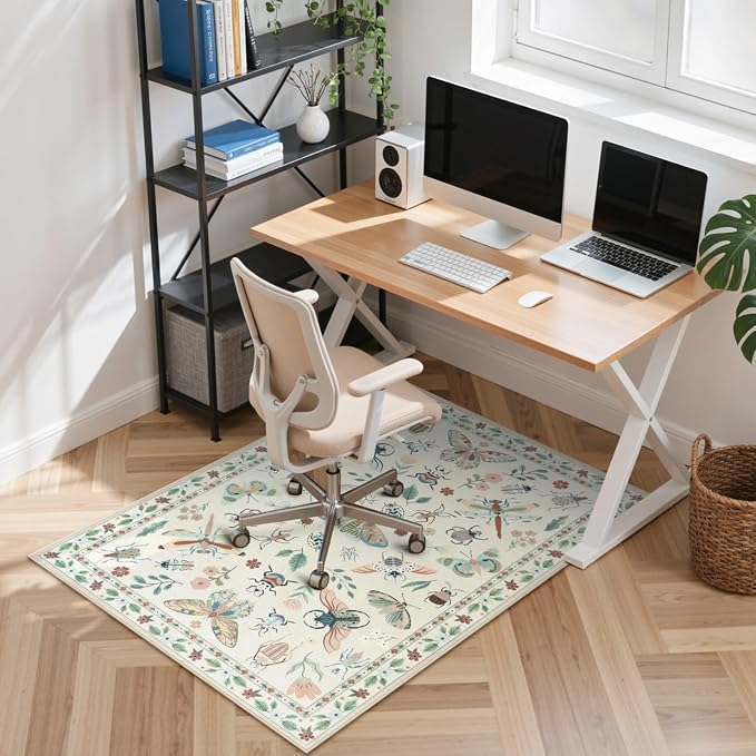 Anidaroel 36"x48" Home Office Chair Mat for Hardwood Floor, Beige Under Desk Rug for Rolling Chairs, Anti-Slip Insect Print Desk Floor Mat for Offices Chair, Low Pile Office Rugs for Rolling Chairs