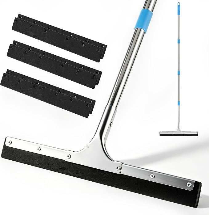 Aodaer Large Floor Squeegee with 62‘’ Adjustable Stainless Steel Handle | 2 Pairs 17.7'' Extra Replacement EVA Blades Clip Heavy Duty Household Rubber Broom for Garage, Courtyard, Pool, Tile Bathroom