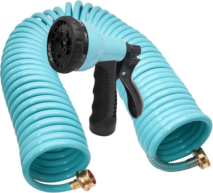 50ft Garden Hose, EVA Curly Water Retractable | Brass Connectors, 8-Pattern Function Sprayer, Corrosion Resistant Coil, For Gardening Homeowners