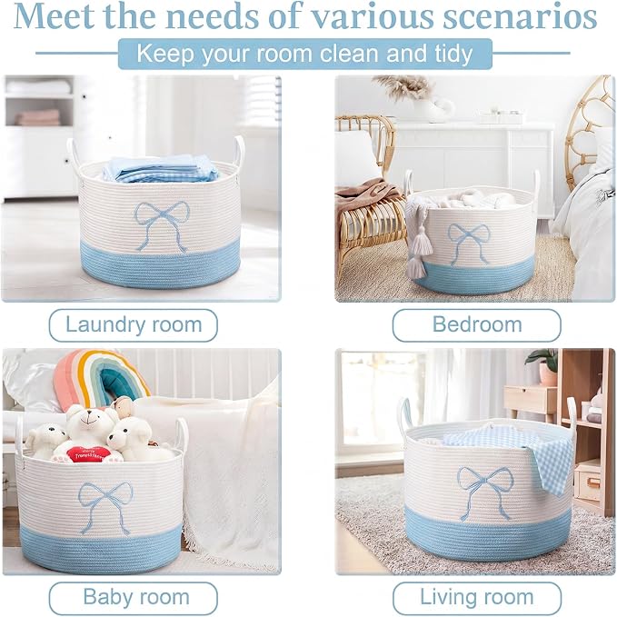 Honeydak Large Blue Laundry Basket Bow Hamper for Blanket Bow Laundry Basket 13 x 20 Inches Cotton Rope Hamper Blue Coquette Storage Toys Clothes Teens Girls Room Nursery Organization