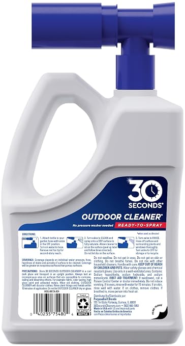 30 Seconds Outdoor Cleaner | Cleans Moss Stains from House, Vinyl Siding, Deck, Patio, Fence - 3 Capped Bottles, 1 Hose End Spray Attachment (64 Fl Oz (Pack of 6)