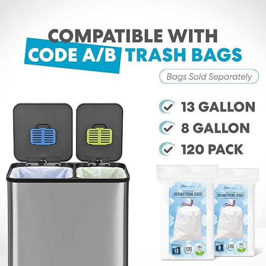 Simpli-Magic 18.5 Gallon (40L x 30L) Dual Compartment Step Trash Can – Kitchen Garbage Can with Waste & Recycling Bins – Slow-Close Lid, Odor Control, Hands-Free, Stainless Steel