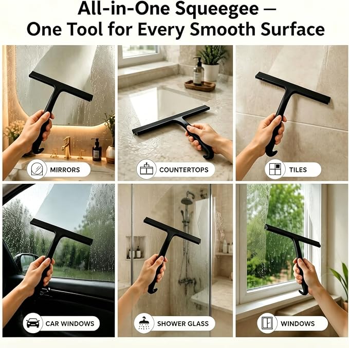 Shower Squeegee for Glass Doors: Streak-Free Silicone, 8.27 inch | One Swipe Silicone Blade, Built-in Hook for Easy Hanging, Versatile for Bathroom Mirror & Car Window (Classic Black)