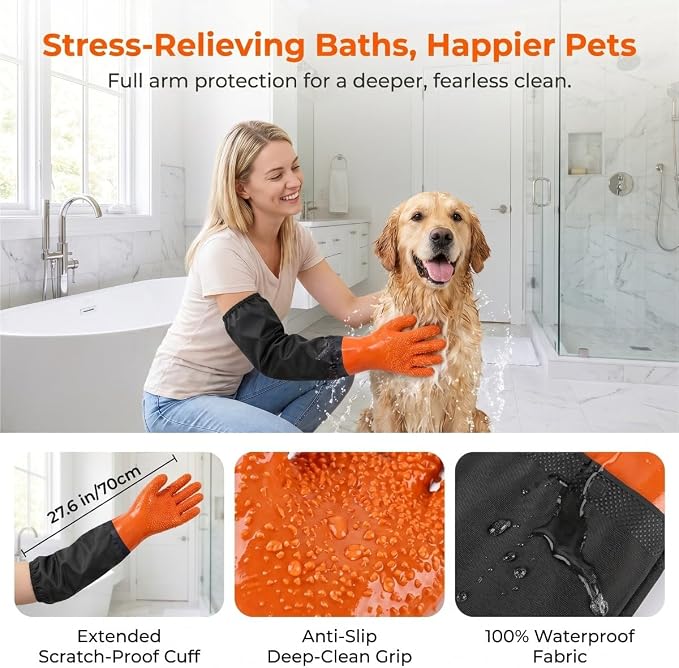 Dog Bathing Gloves, 27.6" Waterproof Extra Long Pet Washing Gloves 3 Pairs | Anti-Slip Grip, Full Arm Scratch Protection for Dog Cat Grooming, Bathing & Nail Trimming