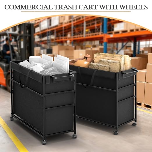 DAOUTIME Commercial Trash Can Cart, 51.5Gal Office Trash Cart (2 Lockable), Recyclable Cardboard Box/Paper Organizer, Large-Capacity Laundry Cart for Hotel/Office/Home/Nursing Home/Groceries/Supplies