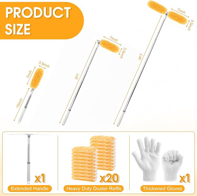 40 Pcs Heavy Duty Duster Refills with 6 ft Extendable Handle and 1 Pair of Gloves, Compatible with Swiffer 360° Disposable Microfiber Feather Dusters Kit for Cleaning Home(Orange)