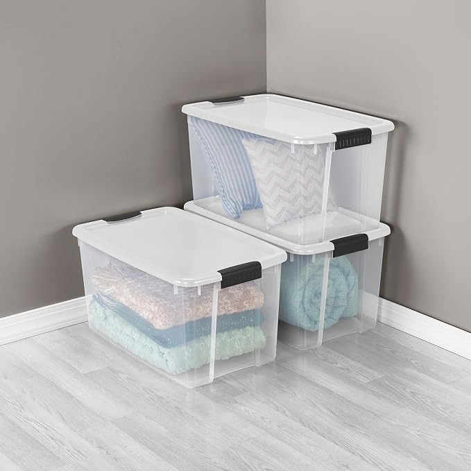 Sterilite Ultra Latch Box with Lids for Home and Office, 70 Quart, 12-Pack | Heavy-Duty and Stackable Plastic Containers with Latches for Closet, Cabinet, Bedroom, Bathroom and Dorm Room Organization