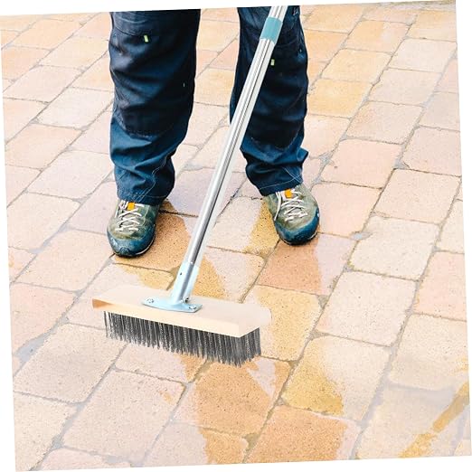 PRETYZOOM Stainless Steel Deck Scrub Brush with Handle Heavy Duty for Concrete Floors Patios and Garages Versatile Outdoor Cleaning Tool