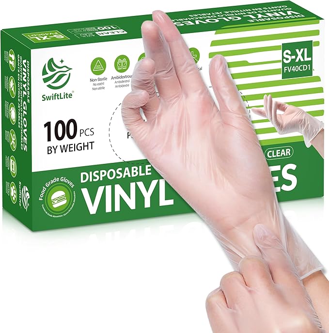 Disposable Vinyl Gloves, Food Safe | Latex-Free Powder-Free Clear Plastic Gloves for Cooking, House Cleaning, Food Prep