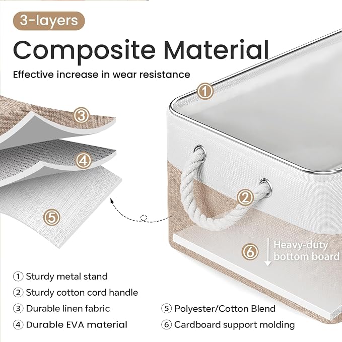 15.7x11.8x8.26 Inch Fabric Large Storage Bins with Handles 3 Pack | Foldable, Sturdy Metal Strand, Cardboard Support Molding, Fabric Storage Baskets for Shelves, Closet, Bedroom, White/Khaki