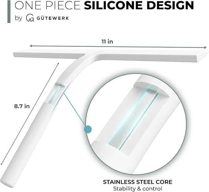 Silicone Shower Squeegee with 3-in-1 No-Drill Mount, White, 11'' | Squeegee for Glass Doors & Mirrors with Stainless Steel Core, Streak-Free & No-Squeak Window Cleaning, Hook/Suction/Adhesive