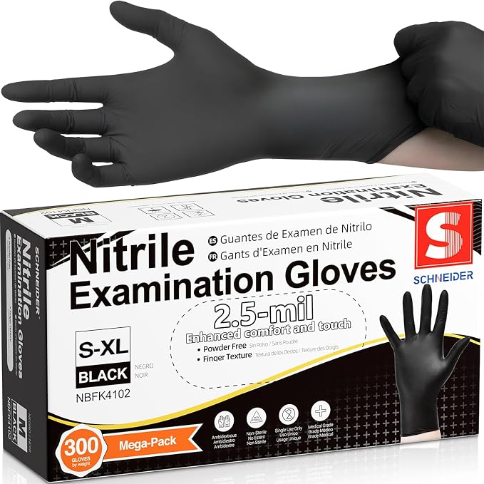 Schneider Black Nitrile Gloves, Gloves Disposable Latex Free, Powder Free | 2.5-Mil, Medical Exam Glove, Food Safe Gloves, Cooking Gloves, Cleaning Gloves