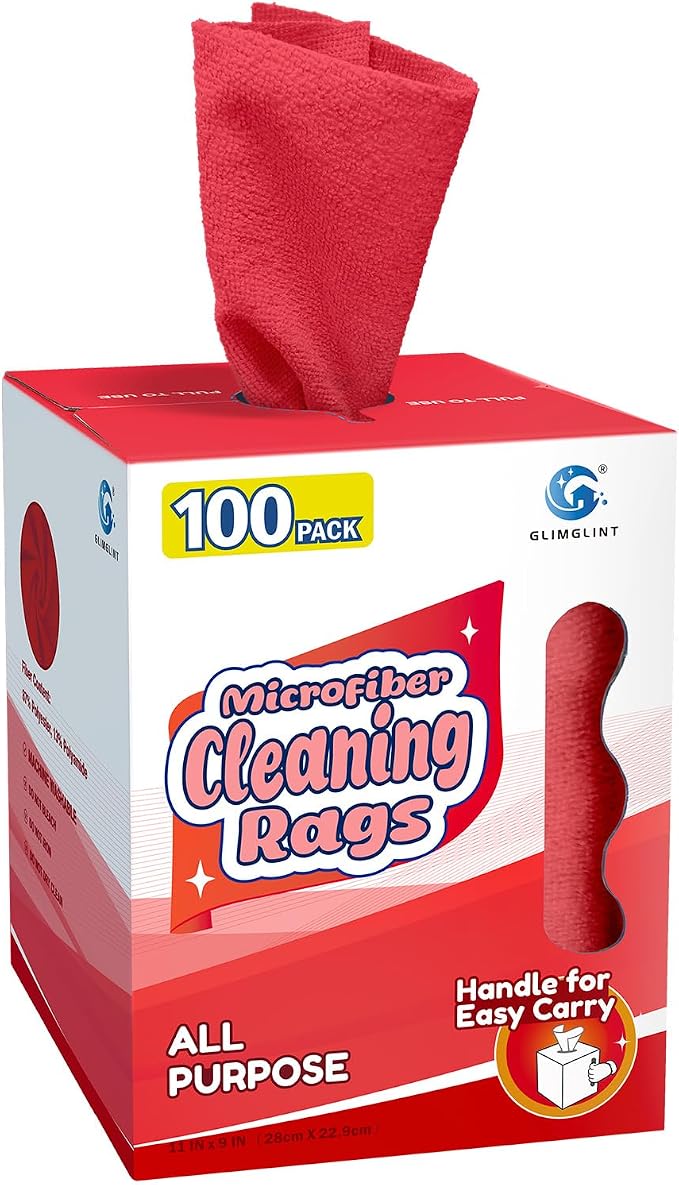 GLIMGLINT Microfiber Cleaning Cloth 100 Pack, Reusable Paper Towels 11 x 9 | Lint Free & Ultra Absorbent Cleaning Rags for Car, Home, Kitchen, Glass & Screen, Washable Shop Towel Rag with Box Red