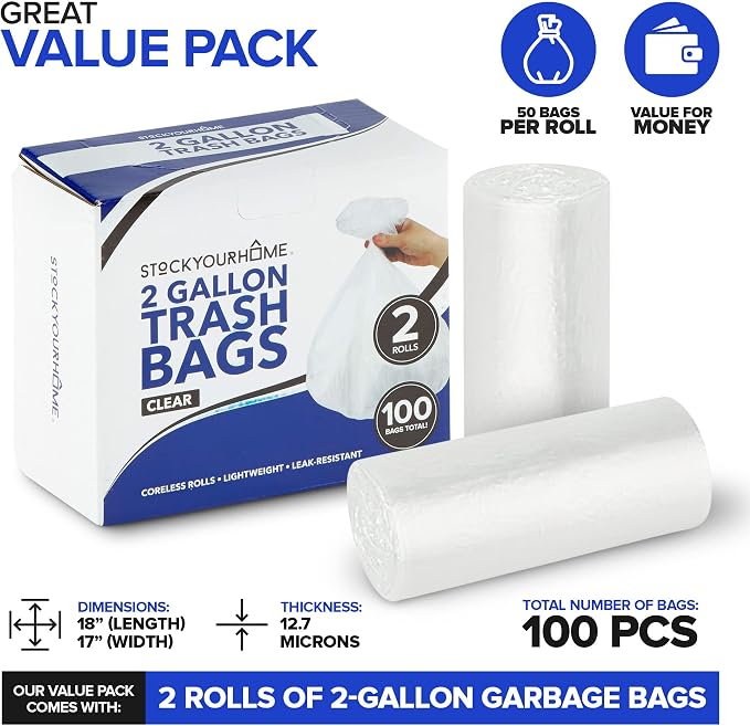 Stock Your Home 2 Gallon Unscented Small Garbage Bags, 100 Count, Leakproof, Versatile Usage, Grab-n-Go