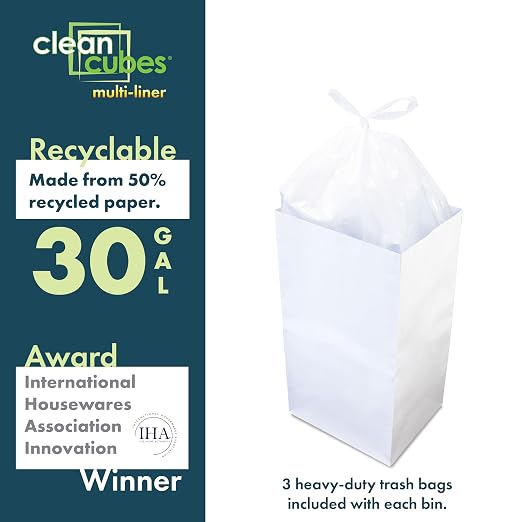 Clean Cubes 30 Gallon Multi-Liner Pop-Up Trash Cans, 3-Pack (White) | 3 Stacked Liners Per Bin, 9 Uses Per Pack, Swap Liners Without Touching Trash, No Assembly, Designed to Be Seen, Not Hidden