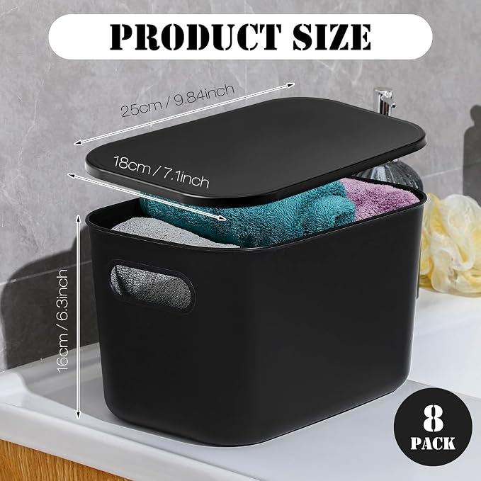 Hoolerry 8 Pack Storage Bins, 9.8 X 7.1 X 6.3 Inch Black | Plastic Stackable Containers with Lid Handle, For Shelves Desktop Playroom Office, Organizing Toys Books Supplies Storage
