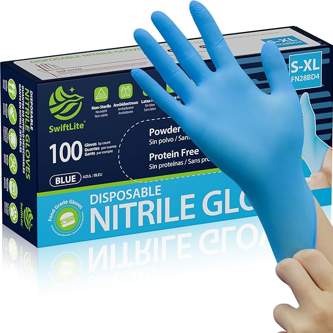 Blue Nitrile Gloves Disposable Latex Free, Food Safe | Rubber Gloves Powder Free for Food Prep, Cooking, Kitchen Cleaning