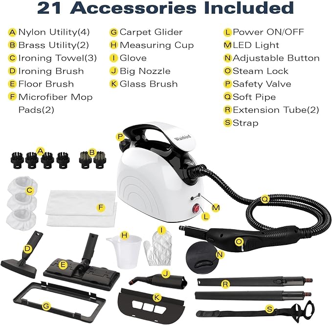 Waitbird 4.5 Bar 300°F Steam Cleaner for Bathroom, Kitchen, Floor & Grout | Easy Use | Quick Heat Up | Large Tank | Quiet Operation | Safety Lock | 21 Accessories for Tiles, Toilets, Stovetop & Carpet