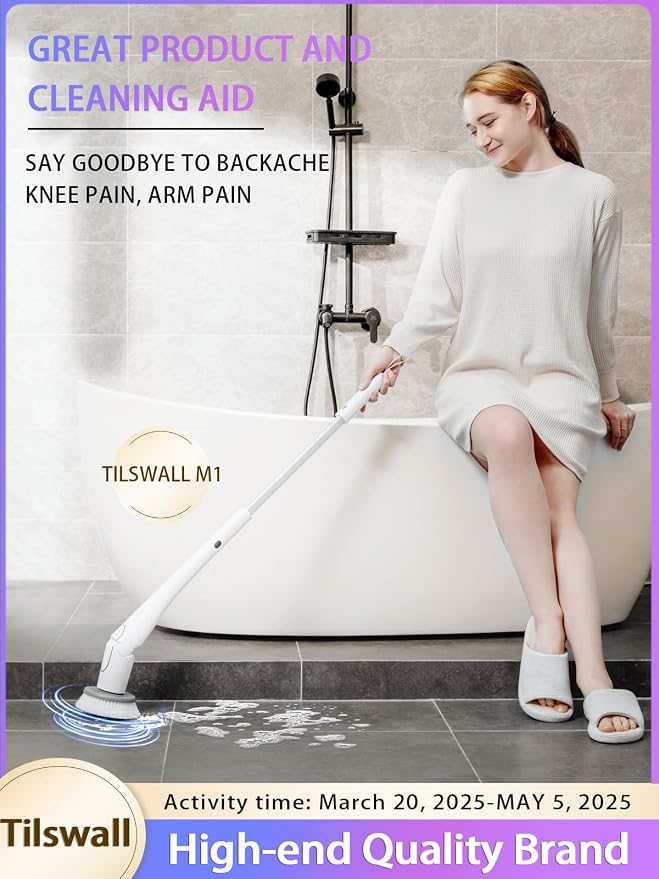Tilswall Cordless Electric Spin Scrubber - IPX7 Waterproof Cleaning Brush with 180Min Runtime & 43" Extendable Handle, Ideal Gift for Home/Bathroom/Car (Includes 4 Brush Heads)