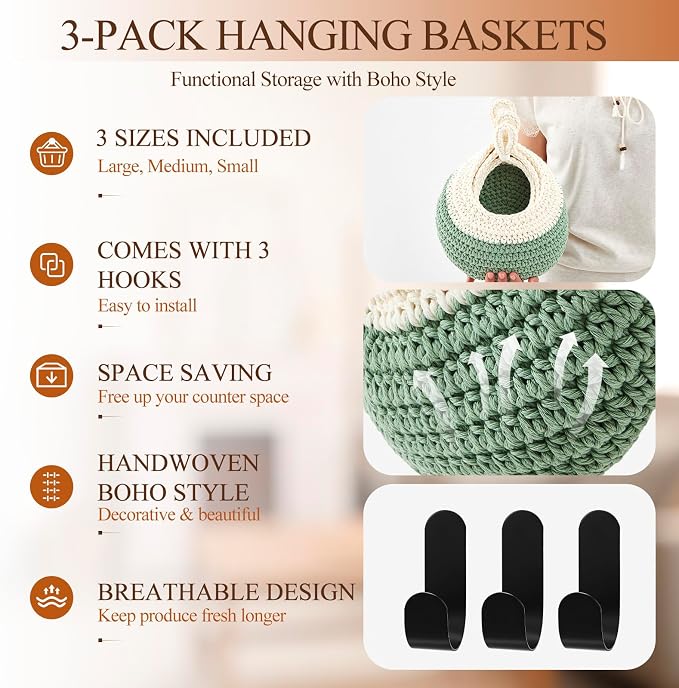 3 Hanging Baskets,White with Sage Green,Teardrop,Cotton Rope | Wicker Wall Baskets with Hooks for Fruit Vegetable Onion Storage, Teardrop Organizer for Kitchen, Boho Farmhouse Decor