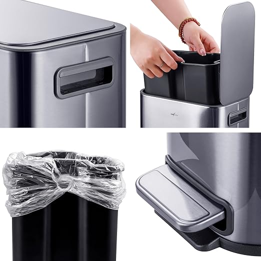 RED FACTOR Slim 1.3 Gallon Stainless Steel Pedal Trash Can with Soft Close Lid for Narrow Spaces – Small Wastebasket Bin with Removable Inner Bucket (Metallic Grey)