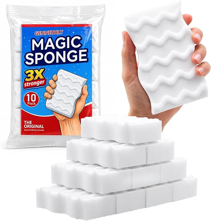3X Density Magic Sponge Eraser, 10 Pack Cleaning Sponge for Kitchen & Bath | 3X density foam, Extra durable sponge, Ergonomic wavy grip, Deep cleaning power, Multi-surface cleaning, 10 pack value