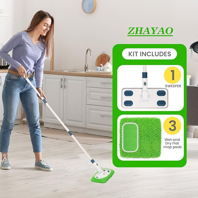 Sweeper Mop System with 3 Reusable Microfiber Mop Pads | Dry and Wet Multi Surface Floor Cleaner, Includes 1 Mop + 3 Washable Refills for Hardwood, Tile, and Laminate Floor Cleaning