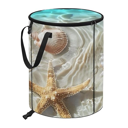 doginthehole Seaside Starfish Shells Trash Cans for Bathroom with Lid Decorative Collapsible Garbage Can Bags Waterproof Lightweight Outdoor Waste Bin for RV's Camping Picnic Beach Easy to Storage
