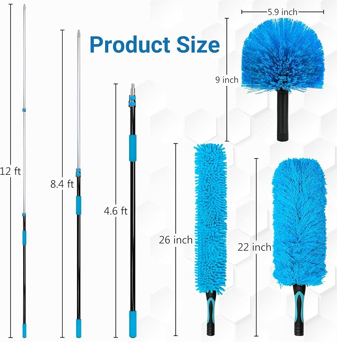 20FT High Ceiling Fan Duster with 5-12FT Extension Pole, Extendable Reusable Cobweb and Bendable Feather Duster Kit for Cleaning Spiderweb and Dust