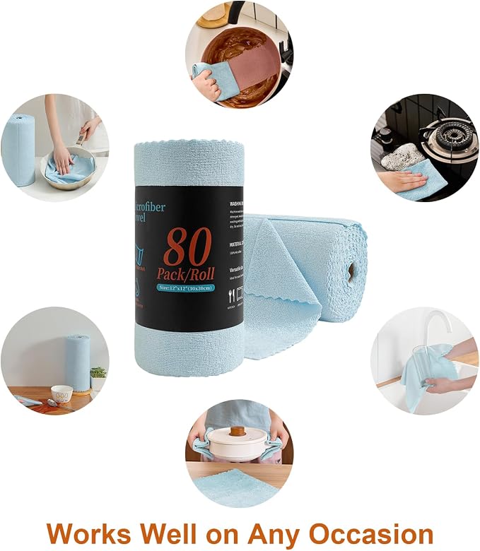80 Pack Microfiber Cleaning Cloth Roll,Lint Free Rags & Tear Away Reusable Towels Washable Scratch,Ultra Absorbent Dish Rags(12" x 12") for Car Kitchen Home Garage-Blue