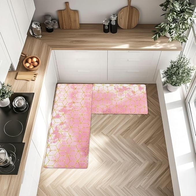 Feelyou Pink Marble 2pcs Kitchen Rug Ombre Kitchen Mat for Floor Geometric Waterproof Non-Slip Rugs for Office Laundry Room Decor Accessories