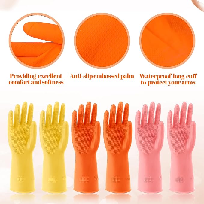 12 Pairs Kitchen Gloves for Washing Dishes, Rubber Cleaning Gloves for Dishwashing, Household Washing Dishes Cleaning Gardening, Non-Slip Dishwashing Gloves Reusable for Women Men, 3 Colors