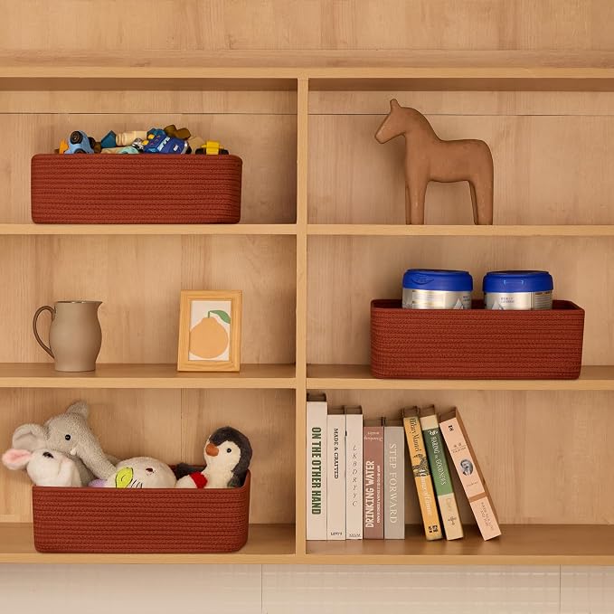MiniArk Large Shallow Organizing Baskets 15x11x5.1 Inches - Rope Woven Storage Bins for Bathroom, Shelves, Cube Closet, Red 2 Packs