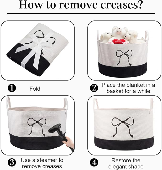 Honeydak Large Blanket Basket Black Bow Laundry Hamper 60l Cotton Rope Storage Bin for Blankets Toys Clothes 13 x 20 Inches Baby Nursery Room Playroom Storage Organization Teens Girls Dorm