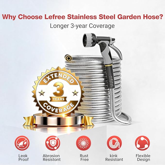 Lefree 150ft Stainless Steel Garden Hose with 10 Function Spray Nozzle | No Kink, Leak-Proof, Crush Resistant, Upgraded Protective Rubber Sleeve, for Lawn Care, RV Camp, Long-Distance Yard Watering