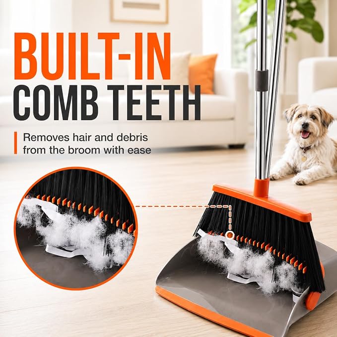 Broom and Dustpan Set, Upgraded Broom with Dustpan Combo Set with 56" Tall Adjustable Handle, Self-Cleaning Teeth, Upright Standing Dust Pan for Heavy Duty Indoor Outdoor Cleaning and Pet Hair