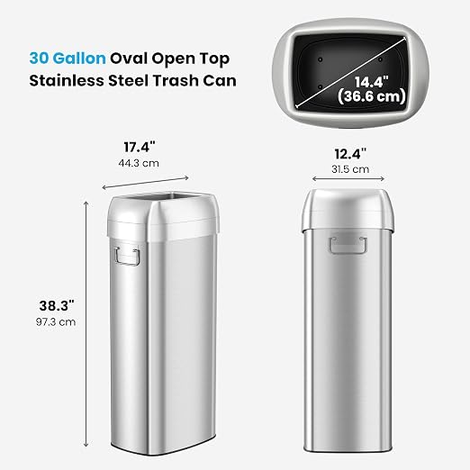 iTouchless 30 Gallon 114L Oval Open Top Stainless Steel Extra-Large Commercial Trash Can with Wheels, 2 AbsorbX Odor Filters | ADA Compliant Bin for Restaurant Restroom Hotel Office Healthcare Retail