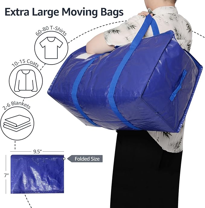 Moving Bags Heavy Duty Extra Large, Moving Boxes, Moving Supplies Essentials, Blue Storage Bins with Lids, Plastic Packing Totes, Storage Bags for Clothes with Handles & Zippers(Blue, 8 Pack)