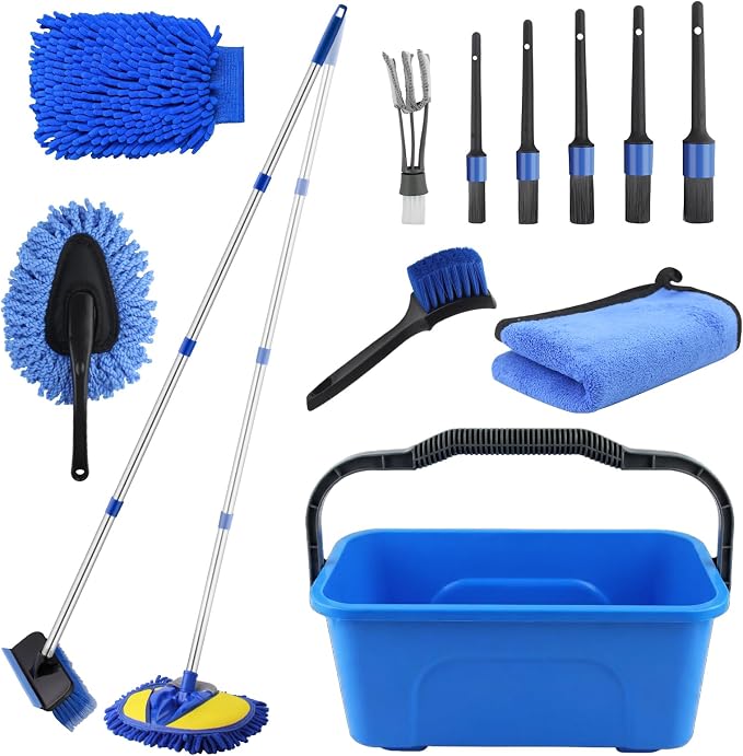 PIMEKOY 17Pcs Car Wash Kit with Bucket for Washing Exterior & Interior Cars | Professional Car Cleaning Kit, 62" Long Handle Car Wash Brush, Mop, Mitt, Duster, Wheel Brush, Detailing Brushes for RV Truck